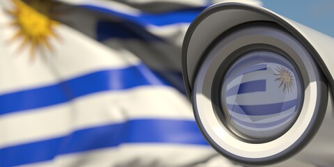 CCTV camera and flag of Uruguay. National surveillance system conceptual 3D rendering