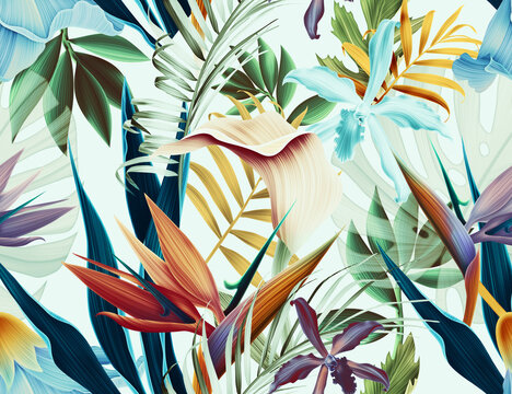 Seamless tropical flower, plant and leaf pattern background