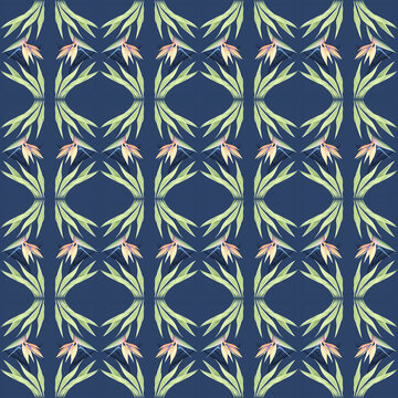 Seamless tropical flower, plant and leaf pattern background