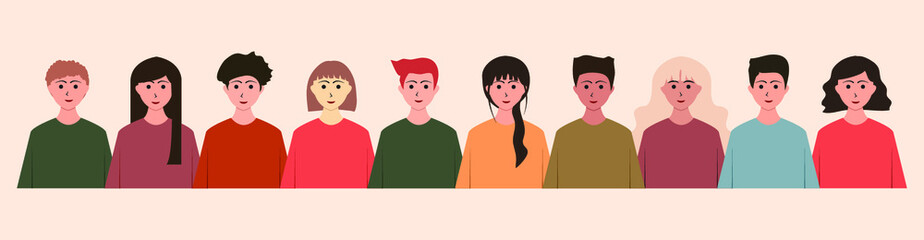 Group of people, young men and women with different skin color.