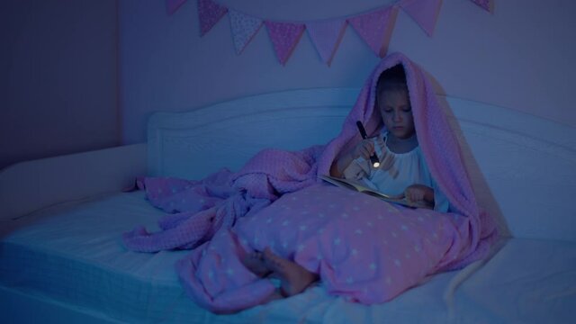 Little Girl Child Reads Book Bedroom Bed With Flashlight Blanket Night