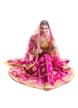 Beautiful Young Female Bollywood Dancer In Traditional Bright Pink Wedding Dress