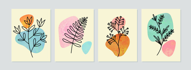 Set of Abstract Botanical Wall Art, Abstract Leaves, boho branch botanical art for wall decoration, postcard or brochure design. 