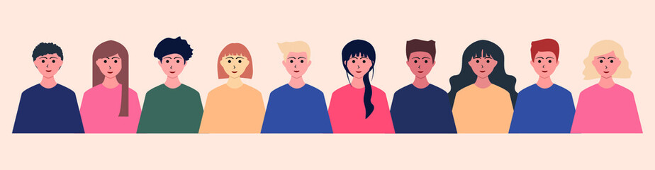 Fototapeta premium Group of people, young men and women with different skin color.