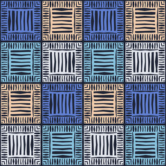 Mosaic with geometric shapes. Seamless pattern. Simple design. Textile. Ethnic boho ornament. Vector illustration for web design or print.