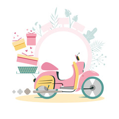 Bike with basket of gifts. Flat vector illustration.