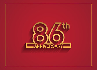 86 anniversary design with simple line style golden color isolated on red background