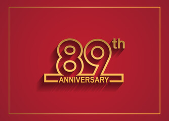 89 anniversary design with simple line style golden color isolated on red background