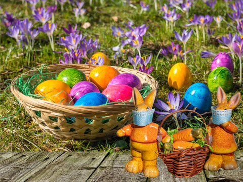 Easter basket with corona bunnies in the garden