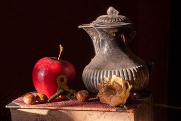 Still life with red apple and antique jug. © Natalia Deszsign