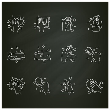 Surface wiping chalk icons set.Housekeeper hand collection. Wet cleaning with sponge, detergent, brush, napkin.Housekeeping and surface disinfection concept. Isolated vector illustration on chalkboard