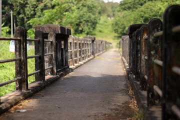 Old concrete bridge with the metal fence in nature background