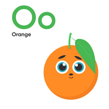 Cute Vegetables and Fruit Alphabet Series A-Z. Vector ABC. Letter Oo. Orange. Cartoon fruits and vegetables alphabet for kids. Isolated vector icons Education, baby shower children prints, decor, card