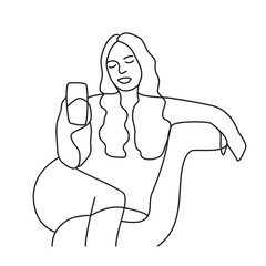 Smiling woman sitting in a chair and talking on the phone on white. Minimalism hand drawn female vector portrait, modern abstract one line drawing graphic style. Decor print, wall art, creative design
