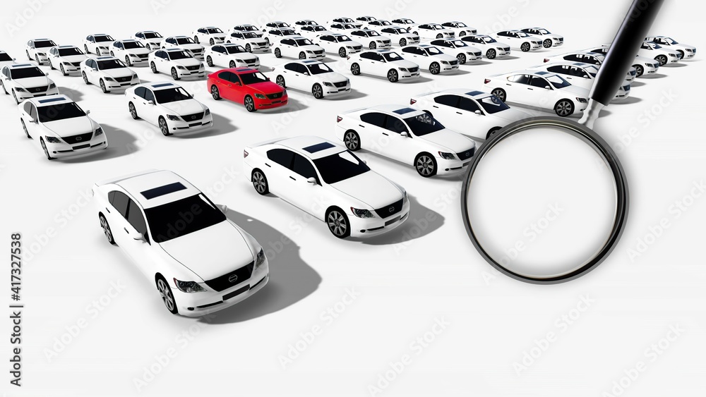 Wall mural 3D illustration - Close up of magnifying glass. Illustration of Hundreds Cars One Red