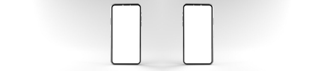 3D rendering of mockups Smartphones white screen on white floor, Mobile phone lay down on the ground. Smartphones white screen can be used for commercial advertising, Isolated on white background.