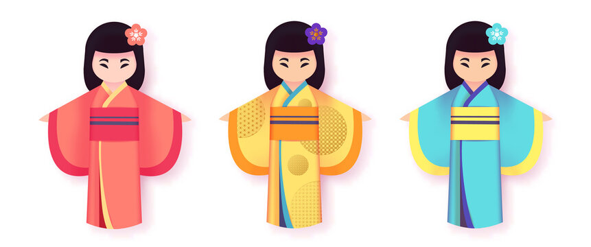 Japanese women in traditional clothing kimono set, National dress. Cartoon paper cut style. Paper toy
