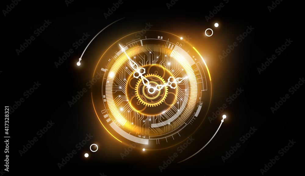 Wall mural golden abstract futuristic technology background with clock concept and time machine, can rotate clo
