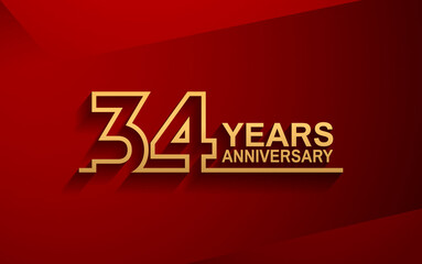 34 years anniversary line style design golden color with elegance red background for celebration