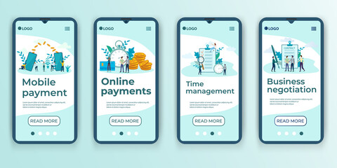 Mobile payments, Online payments,time management, Business negotiations.A set of UI / UX interfaces for smartphone screens.Features of adaptive design.Flat vector illustration.