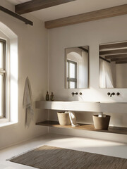 3d rendering of a Mykonos bohemian chic concrete bathroom with a double sink with rattan baskets and accessories
