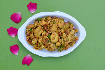 Indian fasting food cuisine item known as Farali Bhel prepared from Faradi chivda, peanuts, sev, sabudana, faraadi mixture, tamarind, tomato, capsicum. Eaten during ekadashi and Mahashivaratri