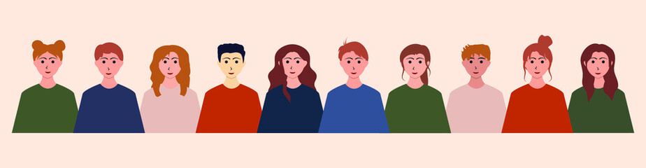 Group of people, young men and women with different skin color.