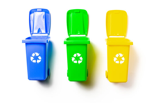 Bin icon. Container for disposal garbage waste and save environment. Yellow, green, blue dustbin for recycle plastic, paper and glass can trash isolated on white background.