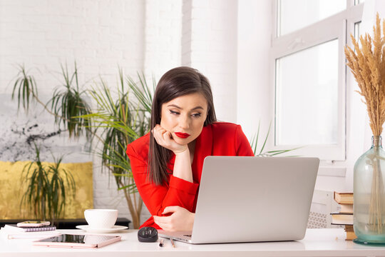 Business woman  attentively   looking at the  computer  monitor .