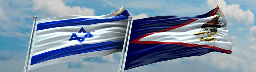 Fototapeta American Samo Flag and Israel Flag waving with texture Blue sky with Clouds Double flag obraz