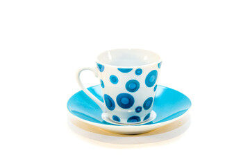 Coffee ceramic blue cup and saucer isolated on white background. Dishes for coffee.