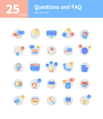 Questions and FAQ flat icon set. Vector and Illustration.