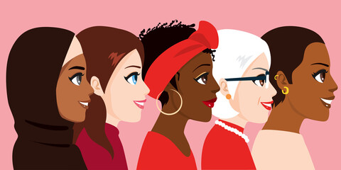 Illustration of female diverse faces. Women of various nationalities, skin color and age.