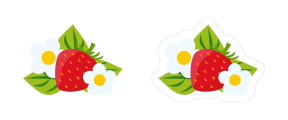 Colorful cartoon clipart of strawberry with white die cut outline. Simple vector icon of strawberry with red ripe fruit and white flowers isolated on white background
