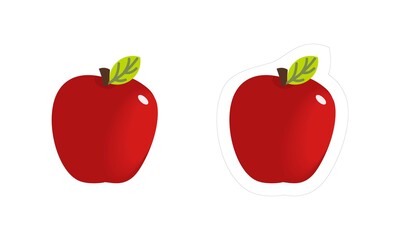 Vector sticker of red juicy apple fruit with white contour for die cut. Cartoon organic fruit icon isolated on white background