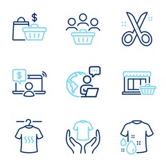 Fashion icons set. Included icon as Dry t-shirt, Hold t-shirt, Marketplace signs. Scissors, Online shopping, Sale bags symbols. Buyers line icons. Laundry shirt, Shopping store. Line icons set. Vector