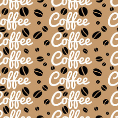Coffee seamless pattern design. Decorate text in brown colors.