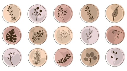 Botanical set of round vector elements. Tropical leaves. Nature, exotic plants, design for logo, emblems, labels, wall art. Abstract mesh geometric shapes. Vector illustration.
