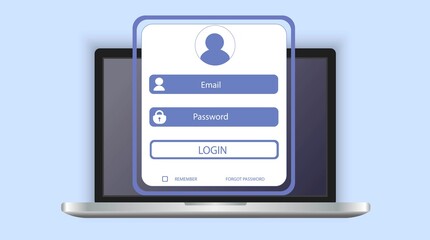 Login to your account. Registration page on the site. Login and password. Modern laptop with a screen. Account, access, authorization on the website, application.
Vector illustration with shadow