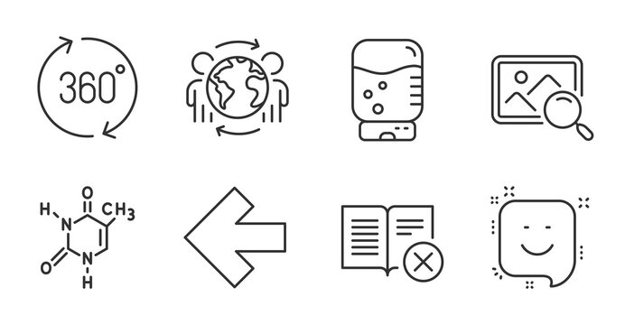Search photo, Water cooler and Left arrow line icons set. Chemical formula, Reject book and Smile signs. 360 degrees, Global business symbols. Find image, Office drink, Direction arrow. Vector