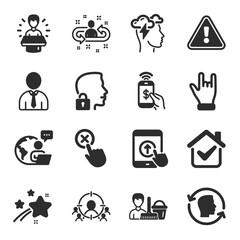 Fototapeta premium Set of People icons, such as Swipe up, Human, Phone payment symbols. Unlock system, Brand ambassador, Cleaning service signs. Business targeting, Recruitment, Horns hand. Reject click. Vector