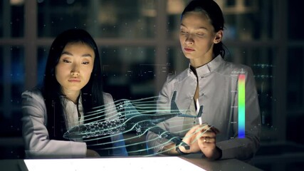 Woman Engineers designs full electric aircraft using futuristic programs and holographic projection. Concept of: drone, Machine learning, future, project and augmented reality