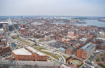 Fototapeta na wymiar Aerial View of Boston's North End, Boston Harbor, and Expansive Waterfront - Boston, Massachusetts, USA