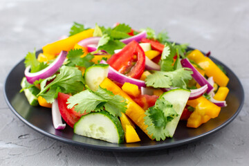 Plate of rainbow salad with different vegetables and herbs on black plate on grey stone background