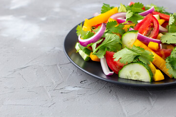 Plate of rainbow salad with different vegetables and herbs on black plate on grey stone background
