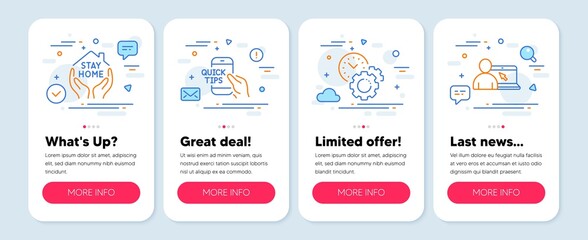 Set of Science icons, such as Education, Time management, Stay home symbols. Mobile screen app banners. Online education line icons. Quick tips, Settings, Coronavirus quarantine. Vector