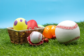 Baseball for Easter Holiday with Easter eggs in basket 