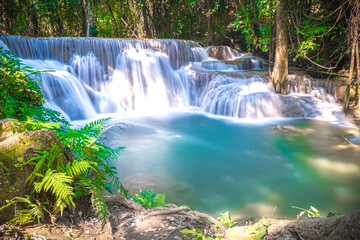 Long exposure of 
Huay Mae Khamin Waterfall in Srinakarin Dam National Park. Kanchanaburi Thailand. cascade waterfall tropical forest