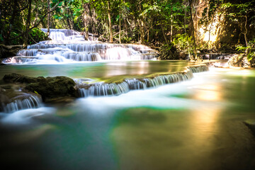 Long exposure of 
Huay Mae Khamin Waterfall in Srinakarin Dam National Park. Kanchanaburi Thailand. cascade waterfall tropical forest