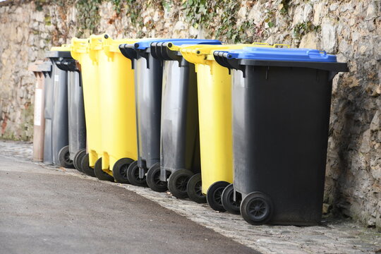 gelbe und schwarze Mülltonnen in Reihe